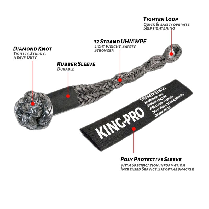 KING-PRO Synthetic Soft Shackle 1/2""x24"" Soft Shackle 42 000lbs Breaking Strength Recovery Rope Shackle with Protective Sleeves for Full-Size Truck Large SUVs Offroad Vehicels 2-Pack (Black-Gray) - Image 2